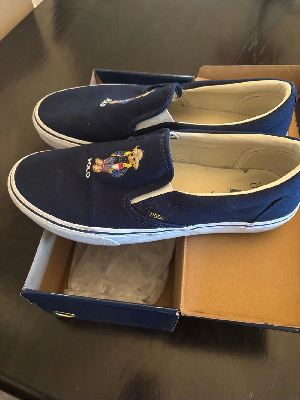 Polo by Ralph Lauren Navy Slip-On Sneakers with Embroidered Polo Bear